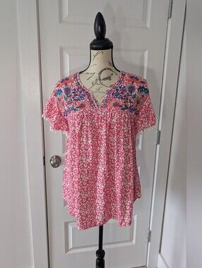 Umgee Pink Embroidered V-Neck Women's Top Oversized S